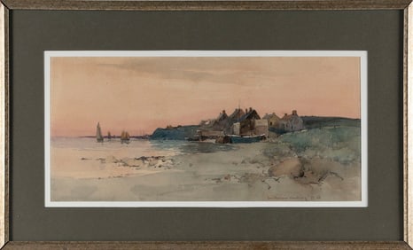 CHARLES HERBERT WOODBURY (Maine/Massachusetts, 1864-1940), Coastal village., Watercolor, 9.5" x 20".