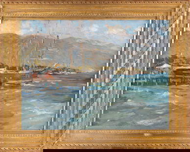 CHARLES HERBERT WOODBURY (Maine/Massachusetts, 1864-1940), "Kingstown, Jamaica"., Oil on canvas, 20": CHARLES HERBERT WOODBURY Maine/Massachusetts, 1864-1940 "Kingstown, Jamaica". Signed "Charles H. Woodbury", titled and dated 1924 verso. Label verso for Vose Galleries, Boston. Oil on canvas, 20" x