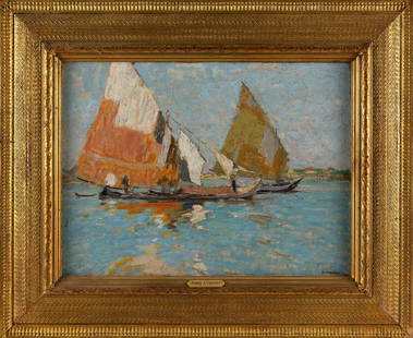 HARRY AIKEN VINCENT (Massachusetts/New York/Illinois, 1864-1931), "Italian Boats, Italy"., Oil on: HARRY AIKEN VINCENT Massachusetts/New York/Illinois, 1864-1931 "Italian Boats, Italy". Signed lower right "H.A. Vincent". Titled verso. Housed in a period Stanford White-style frame attributed to