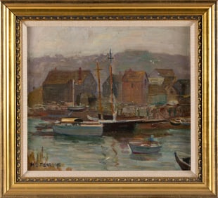 MARGUERITE STUBER PEARSON (Massachusetts, 1898-1978), Harbor scene., Oil on board, 14" x 16". Framed