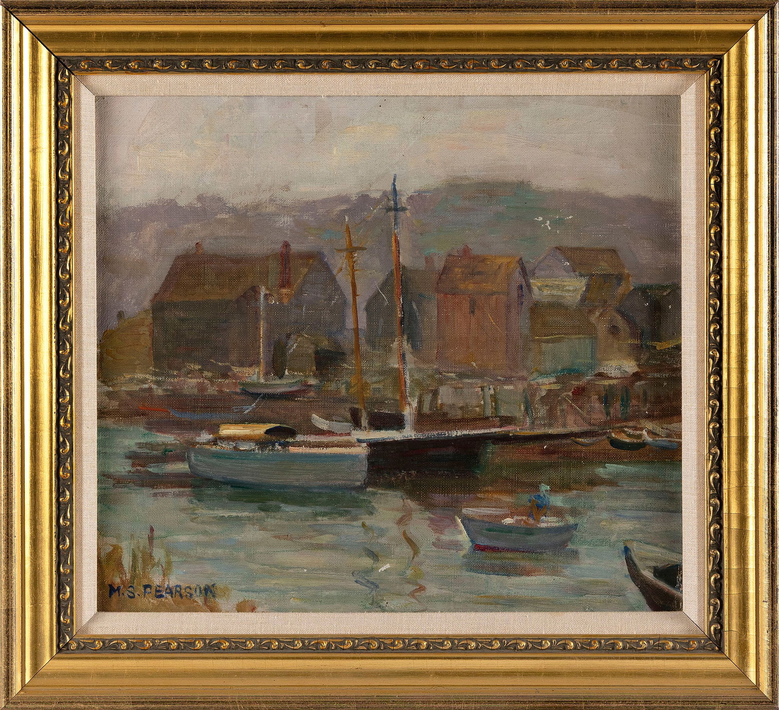 MARGUERITE STUBER PEARSON (Massachusetts, 1898-1978), Harbor scene., Oil on board, 14" x 16". Framed (1 of 2)