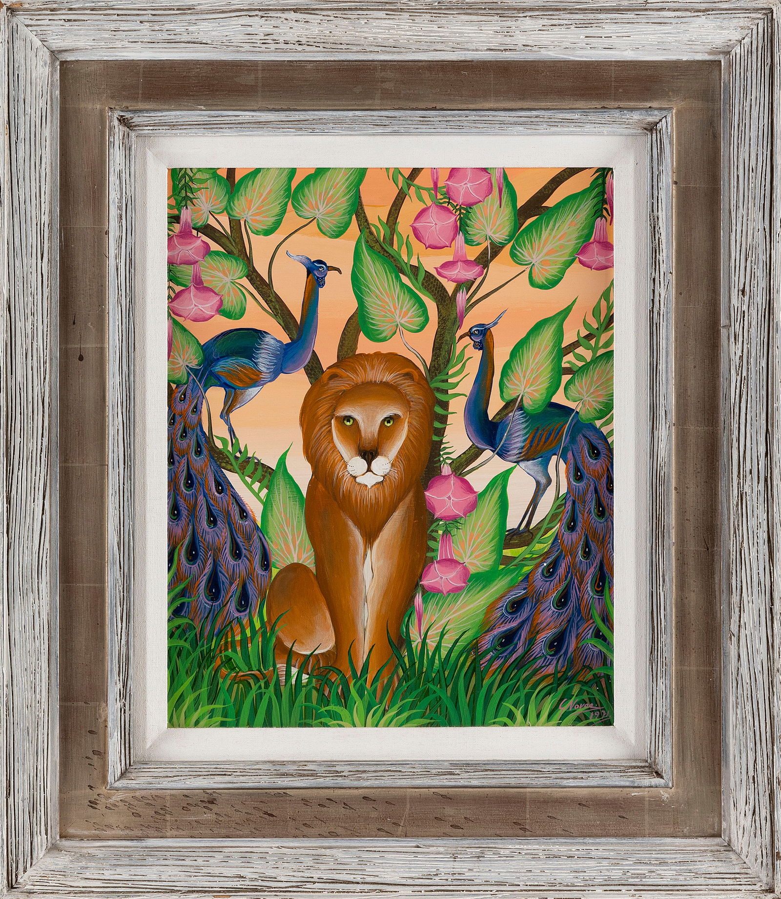 GUSTAVO NOVOA (New York/Chile/France, 1941-), "Peacock Couple"., Oil on board, 15.5" x 12.5". Framed: GUSTAVO NOVOANew York/Chile/France, 1941-"Peacock Couple". Signed and dated lower right "G. Novoa 1971".Oil on board, 15.5" x 12.5". Framed 24.5" x 21".