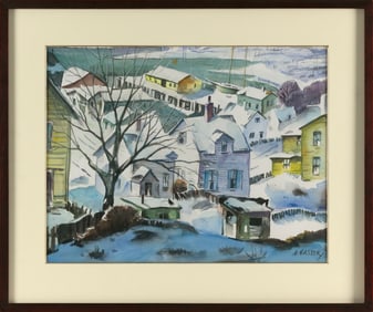 HENRY MARTIN GASSER (New Jersey, 1909-1981), Snow-covered coastal town., Watercolor on paper, 15" x