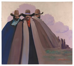 JAMES DARUM (Arizona, Contemporary), "Three Gringos"., Oil on canvas, 32" x 36". Unframed.