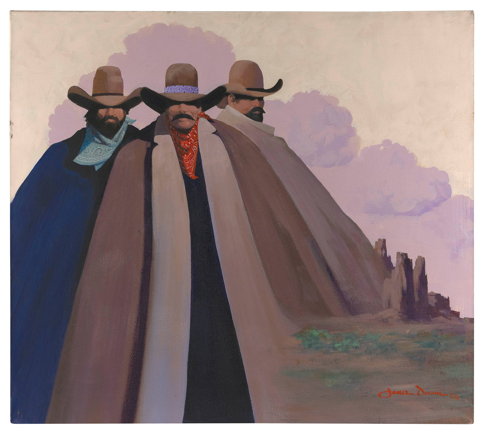 JAMES DARUM (Arizona, Contemporary), "Three Gringos"., Oil on canvas, 32" x 36". Unframed.: JAMES DARUM Arizona, Contemporary "Three Gringos". Signed lower right "James Darum". Titled verso. Oil on canvas, 32" x 36". Unframed.