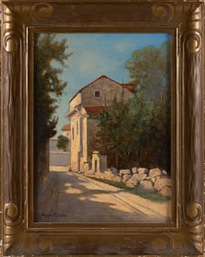 C. MYRON CLARK (Massachusetts, 1858-1925), Sunlit street., Oil on canvas, 15" x 11". Framed 20" x
