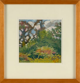 JAMES BRITTON (Connecticut, 1878-1936), "Brass Corner (sumac), North Manchester"., Oil on board,