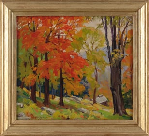 LEO B. BLAKE (Illinois/Massachusetts, 1887-1976), "Tree Study in October"., Oil on canvas board, 16"