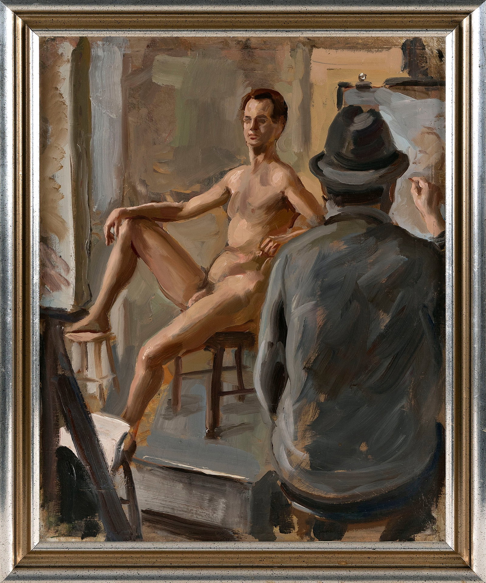 ALBERT WASSERMAN (New York, 1920-2017), Portrait of an artist and a nude model., Oil on canvas, 20": ALBERT WASSERMAN New York, 1920-2017 Portrait of an artist and a nude model. Signature obscured. Oil on canvas, 20" x 16". Framed 22.75" x 18.5".