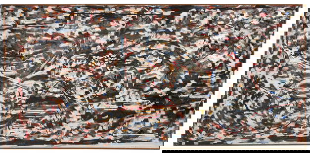 JOSEPH WILTSIE FULLER POTTER (New York/Connecticut/France, 1910-1990), Abstract composition, circa: JOSEPH WILTSIE FULLER POTTERNew York/Connecticut/France, 1910-1990Abstract composition, circa 1940s. Signed on frame "F. Potter Mystic RFD 1 Conn".Oil on canvas, 40" x 85". Framed 40.5" x 85.5".