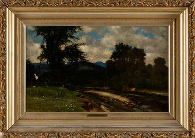 JOHN CARLETON WIGGINS (New York/Connecticut/France, 1848-1932), Summer fishing., Oil on canvas, 12"