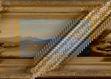 FRANK HENRY SHAPLEIGH (New Hampshire, 1842-1906), "Lake Maggiore"., Oil on canvas, 10" x 18". Framed: FRANK HENRY SHAPLEIGHNew Hampshire, 1842-1906"Lake Maggiore". Signed lower right "F.H. Shapleigh". Titled on frame plaque.Oil on canvas, 10" x 18". Framed 19" x 27.5".