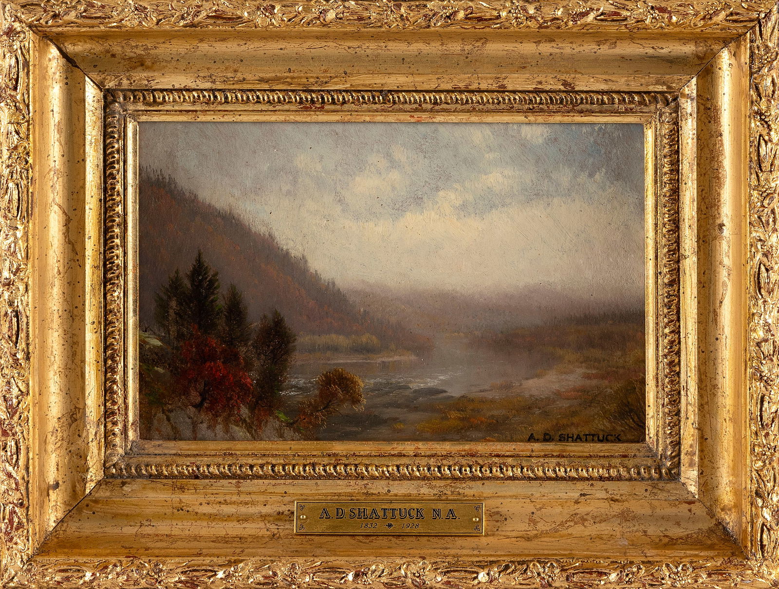AARON DRAPER SHATTUCK (Connecticut/New Hampshire, 1832-1928), "The Androscogin River"., Oil on paper: AARON DRAPER SHATTUCKConnecticut/New Hampshire, 1832-1928"The Androscogin River". Estate signed lower right. Titled verso.Oil on paper mounted on canvas, 7" x 10". Framed 10.75" x 14". Reference:Numbe