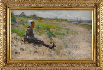 THEODORE ROBINSON (New York/Vermont/France, 1852-1896), Young girl in the dunes., Oil on canvas, 18"