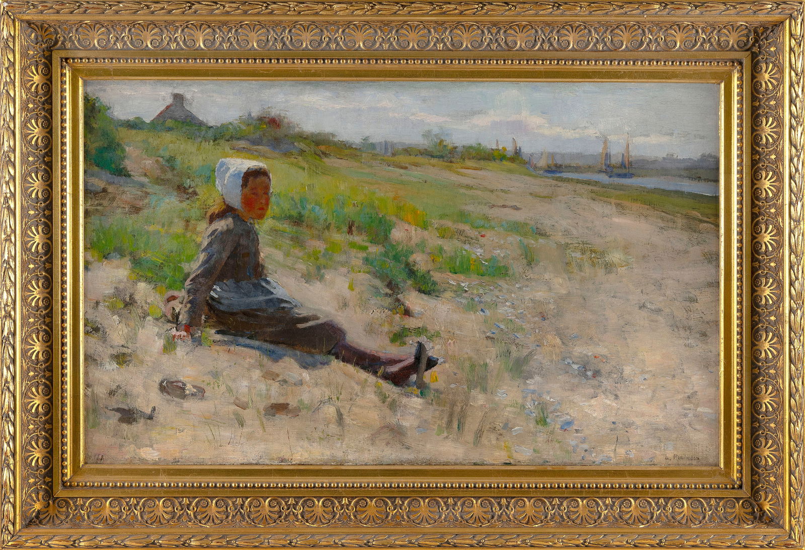 THEODORE ROBINSON (New York/Vermont/France, 1852-1896), Young girl in the dunes., Oil on canvas, 18": THEODORE ROBINSONNew York/Vermont/France, 1852-1896Young girl in the dunes. Signed lower right "Th. Robinson".Oil on canvas, 18" x 30". Framed 26" x 38".