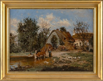 WILLIAM PRESTON PHELPS (New Hampshire, 1848-1923), Cows watering at a farmyard pond., Oil on canvas,