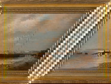 THOMAS CLARKSON OLIVER (Massachusetts, 1827-1893), "Sailboat at the Dock"., Oil on canvas, 12" x