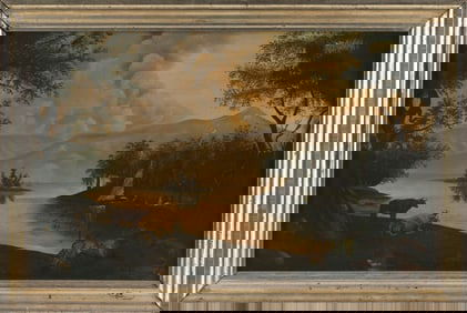 THOMAS PALMER MOSES (New Hampshire/South Carolina, 1808-1881), Cows and figures on a riverbank., Oil