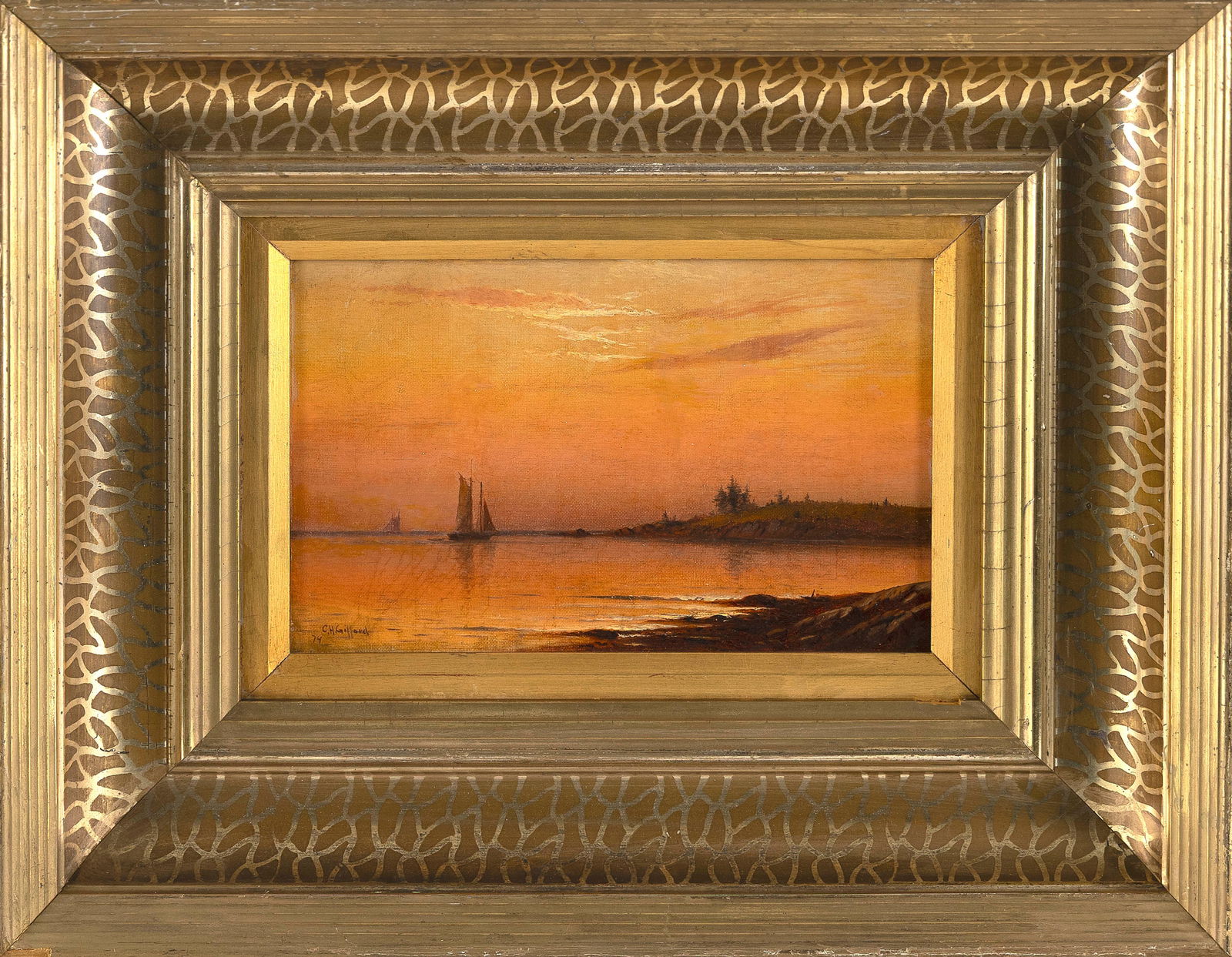 CHARLES HENRY GIFFORD (Massachusetts, 1839-1904), Sunset over the coast., Oil on canvas, 7" x 11".: CHARLES HENRY GIFFORDMassachusetts, 1839-1904Sunset over the coast. Signed lower left "C.H. Gifford".Oil on canvas, 7" x 11". Framed 16" x 20".