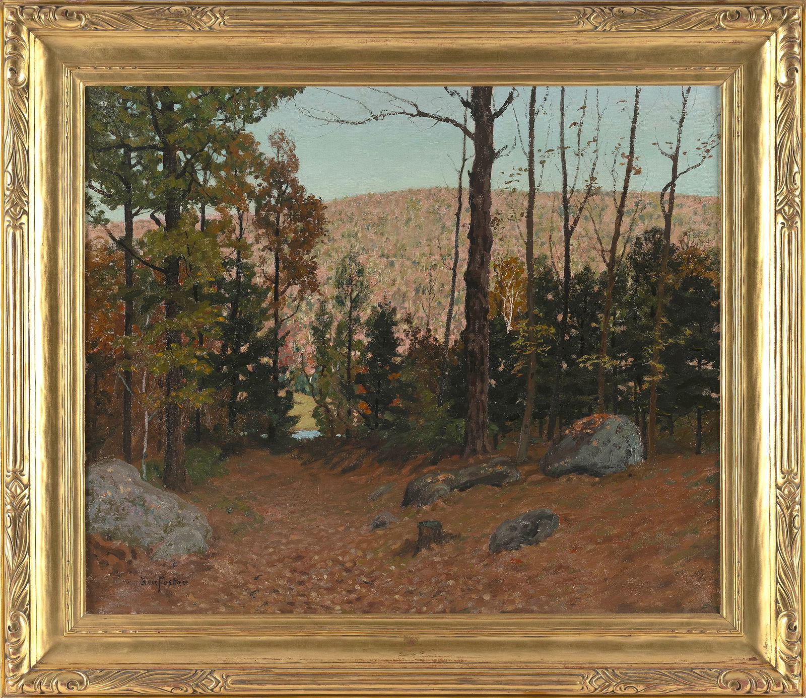 BEN (BENJAMIN) FOSTER (Connecticut/New York/Maine, 1852-1926), "Autumn Effect"., Oil on canvas, 25": BEN (BENJAMIN) FOSTERConnecticut/New York/Maine, 1852-1926"Autumn Effect". Signed lower left "Ben Foster". Titled on label verso.Oil on canvas, 25" x 30". Framed 32.5" x 37.5".