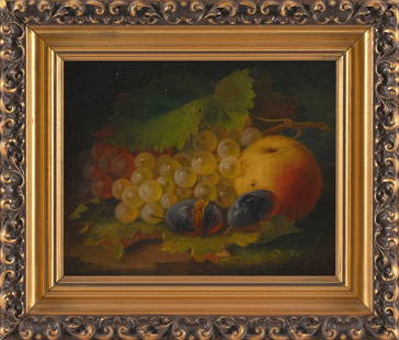 GEORGE E. FORSTER (New York/Germany, 1817-1896), Still life of fruit., Oil on canvas, 7.75" x 9.5".: GEORGE E. FORSTERNew York/Germany, 1817-1896Still life of fruit. Oil on canvas, 7.75" x 9.5". Framed 11" x 13". Notes:George Forster's name is frequently misspelled "Foster".