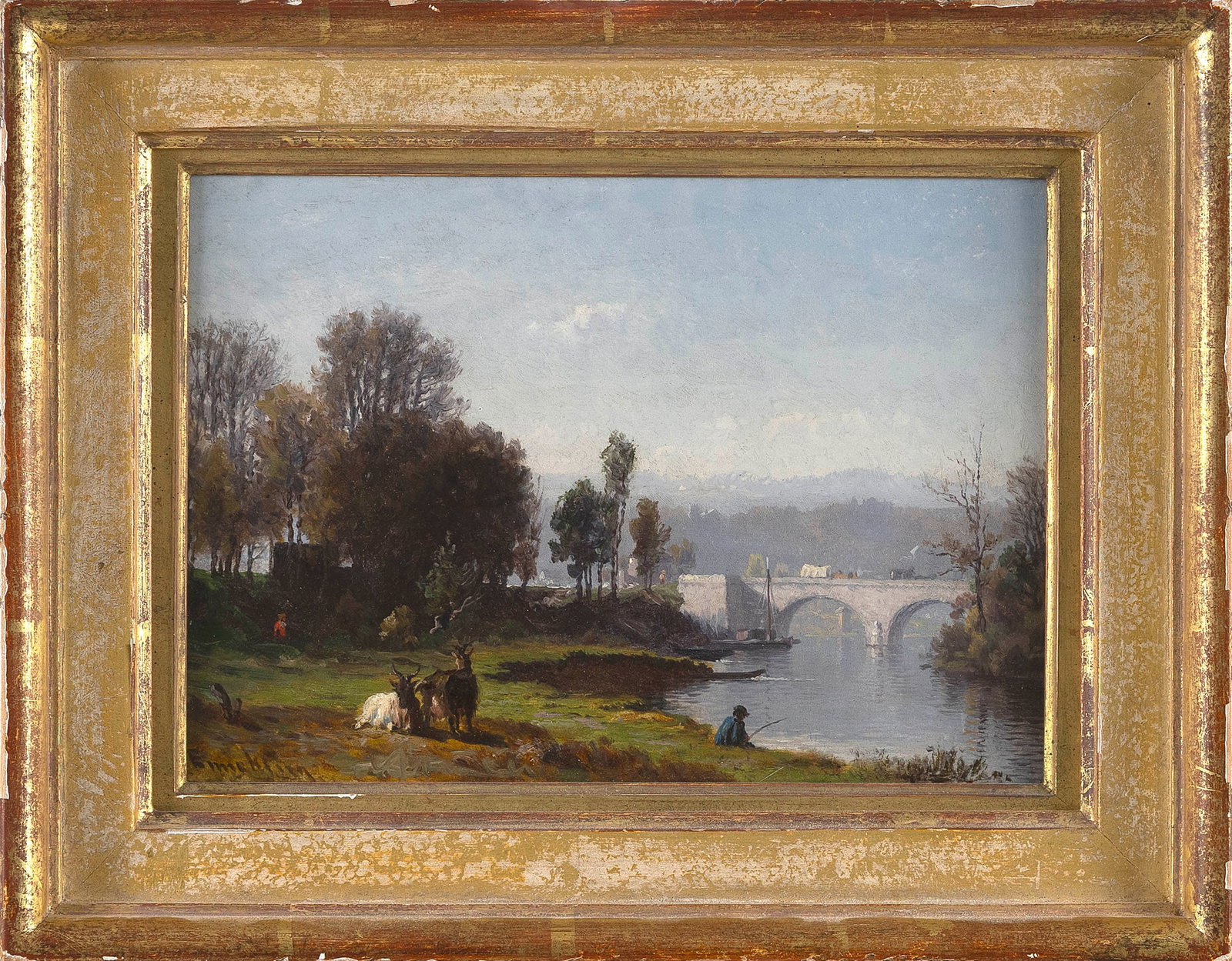 JOHN JOSEPH ENNEKING (Massachusetts/New York/Maine/Ohio, 1841-1916), "Warm Day on a Branch of the: JOHN JOSEPH ENNEKINGMassachusetts/New York/Maine/Ohio, 1841-1916"Warm Day on a Branch of the Seine". Signed lower left "Enneking".Oil on board, 7" x 10". Framed 10.5" x 13.5". Provenance:Barridoff Auc