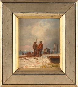 LEMUEL D. ELDRED (Massachusetts, 1848-1921), Net menders., Oil on board, 7" x 5.5". Framed 11" x