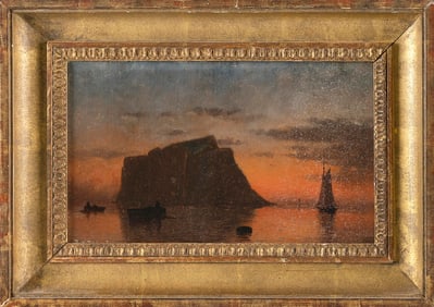 LEMUEL D. ELDRED (Massachusetts, 1848-1921), "Sunset on the Rock"., Oil on canvas, 6" x 10". Framed