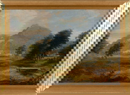 ASHER BROWN DURAND (New York/New Jersey, 1796-1886), River winding through a valley, Oil on canvas,: ASHER BROWN DURANDNew York/New Jersey, 1796-1886River winding through a valley, likely Mount Haystack in the New York Adirondacks. Signed lower left "A.B.D.".Oil on canvas, 16" x 23". Framed 20" x 28"