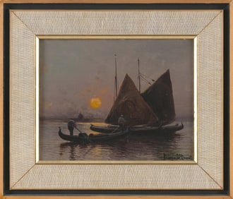 GEORGE W. DREW (New York, 1875-1968), Boats at sunset., Oil on board, 8" x 10". Framed 12.5" x