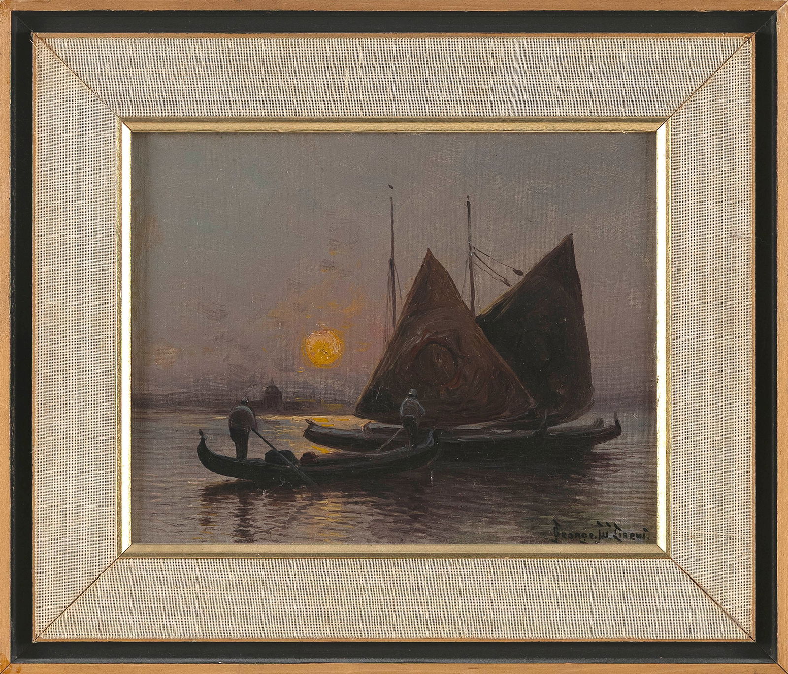 GEORGE W. DREW (New York, 1875-1968), Boats at sunset., Oil on board, 8" x 10". Framed 12.5" x (1 of 3)