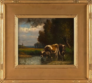 THEODORE DEMEREST COE (New York/Massachusetts, 1866-1958), Cows at a watering hole., Oil on canvas,