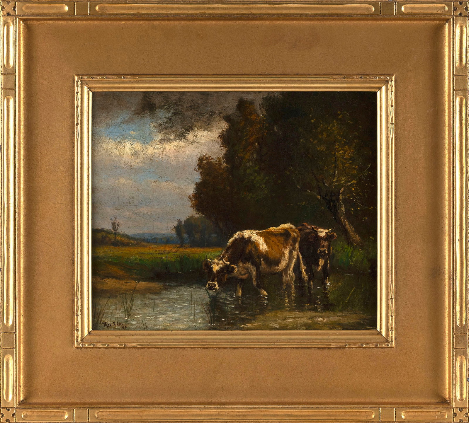 THEODORE DEMEREST COE (New York/Massachusetts, 1866-1958), Cows at a watering hole., Oil on canvas,: THEODORE DEMEREST COE New York/Massachusetts, 1866-1958 Cows at a watering hole. Signed lower left "Theo B. Coe". Oil on canvas, 10" x 12". Framed 16.5" x 18.5".