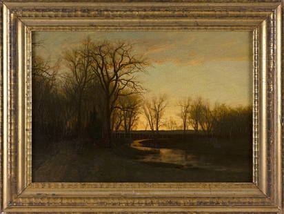 FREDERICK HATFIELD CLARK (New York/New Jersey, 1862-1947), Sunset over a river., Oil on canvas, 18": FREDERICK HATFIELD CLARKNew York/New Jersey, 1862-1947Sunset over a river. Signed lower right "F.H. Clark".Oil on canvas, 18" x 25". Framed 23.5" x 31".