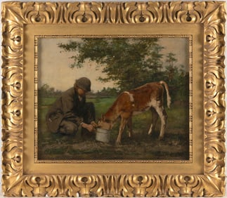 LYELL E. CARR (New York/Illinois/Georgia, 1857-1912), Feeding the calf., Oil on canvas, 17.5" x 21".