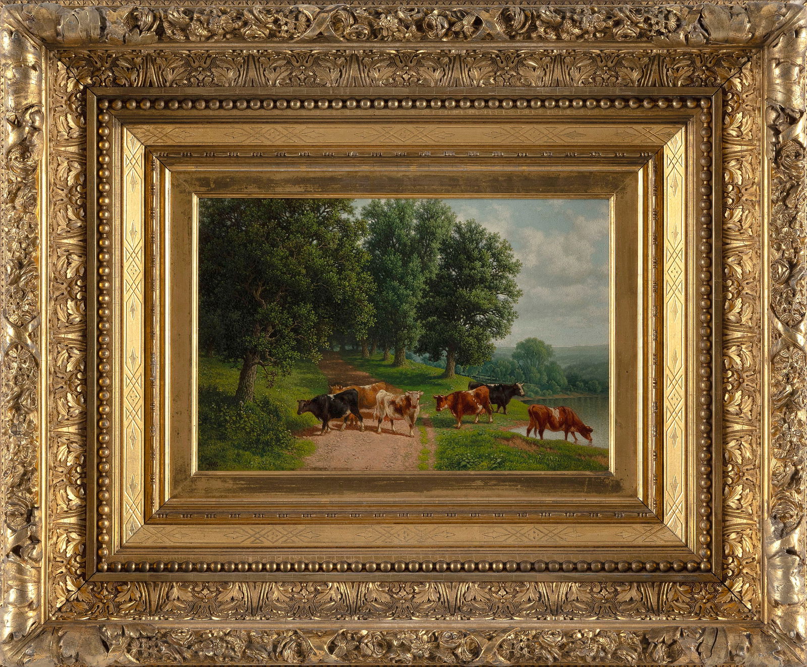 WILLIAM MASON BROWN (New York/New Jersey, 1828-1898), Cows on a path., Oil on board, 8" x 12".: WILLIAM MASON BROWNNew York/New Jersey, 1828-1898Cows on a path. Signed lower left "WMB". Inscribed verso "W.M. Brown Artist 416 Degraw St. Brooklyn, L.I.".Oil on board, 8" x 12". Framed 19" x 23".