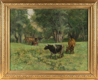 OLIVE PARKER BLACK (New York/Massachusetts, 1868-1948), Cows at the tree line., Oil on canvas, 25" x