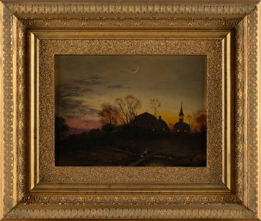 AMERICAN SCHOOL (19th Century,), Farm under moonlight., Oil on canvas board, 7.75" x 10". Framed: AMERICAN SCHOOL19th CenturyFarm under moonlight. Unsigned.Oil on canvas board, 7.75" x 10". Framed 13.5" x 16".