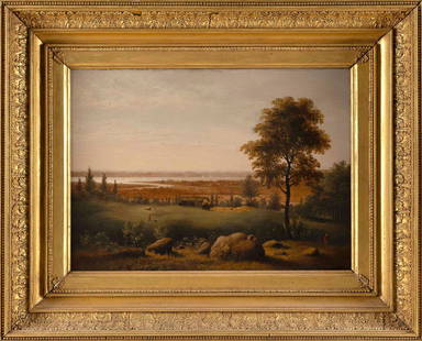 AMERICAN SCHOOL (19th Century,), View of the Delaware River., Oil on panel, 12.5" x 17.5". Framed: AMERICAN SCHOOL19th CenturyView of the Delaware River. Unsigned. Inscribed in pencil verso "View of the Delaware River [...]".Oil on panel, 12.5" x 17.5". Framed 20" x 24.5".