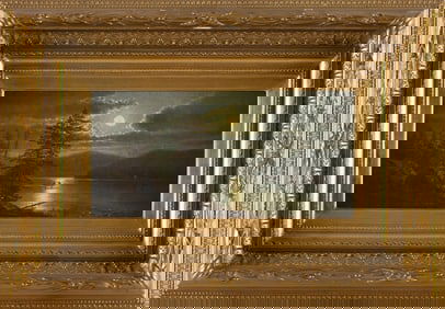 AMERICAN SCHOOL (19th Century,), Moonlit lake., Oil on artist board, 6" x 12". Framed 14" x 20".