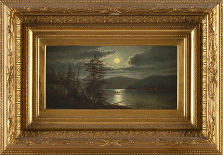 AMERICAN SCHOOL (19th Century,), Moonlit lake., Oil on artist board, 6" x 12". Framed 14" x 20".: AMERICAN SCHOOL19th CenturyMoonlit lake. Monogrammed "LC" lower left.Oil on artist board, 6" x 12". Framed 14" x 20".