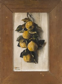 AMERICAN SCHOOL (Late 19th Century,), Hanging pears., Oil on board, 19" x 12". Framed 26" x 19".