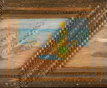 AMERICAN SCHOOL (Early 20th Century,), Day at the beach., Oil on board, 6.25" x 8.5". Framed 10.25"