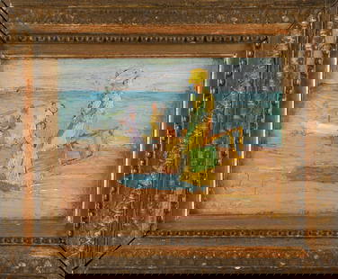 AMERICAN SCHOOL (Early 20th Century,), Day at the beach., Oil on board, 6.25" x 8.5". Framed 10.25": AMERICAN SCHOOLEarly 20th CenturyDay at the beach. Unsigned.Oil on board, 6.25" x 8.5". Framed 10.25" x 12.5".
