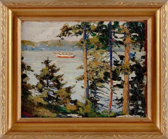 AMERICAN SCHOOL (20th Century,), A ship as seen through pine trees., Oil on board, 7" x 9". Framed