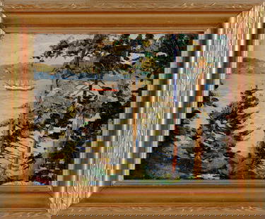 AMERICAN SCHOOL (20th Century,), A ship as seen through pine trees., Oil on board, 7" x 9". Framed: AMERICAN SCHOOL20th CenturyA ship as seen through pine trees. Signed illegibly and dated lower right "M[...] 1921".Oil on board, 7" x 9". Framed 10" x 12".
