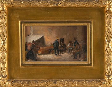 AMERICAN SCHOOL (19th Century,), A gathering, mostly of men in hats., Oil on board, 4" x 7". Framed