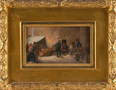 AMERICAN SCHOOL (19th Century,), A gathering, mostly of men in hats., Oil on board, 4" x 7". Framed: AMERICAN SCHOOL19th CenturyA gathering, mostly of men in hats. Unsigned.Oil on board, 4" x 7". Framed 9.25" x 12.25".