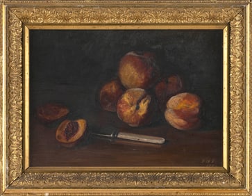AMERICAN SCHOOL (Late 19th Century,), Still life of peaches., Oil on canvas, 10" x 14". Framed 14" x