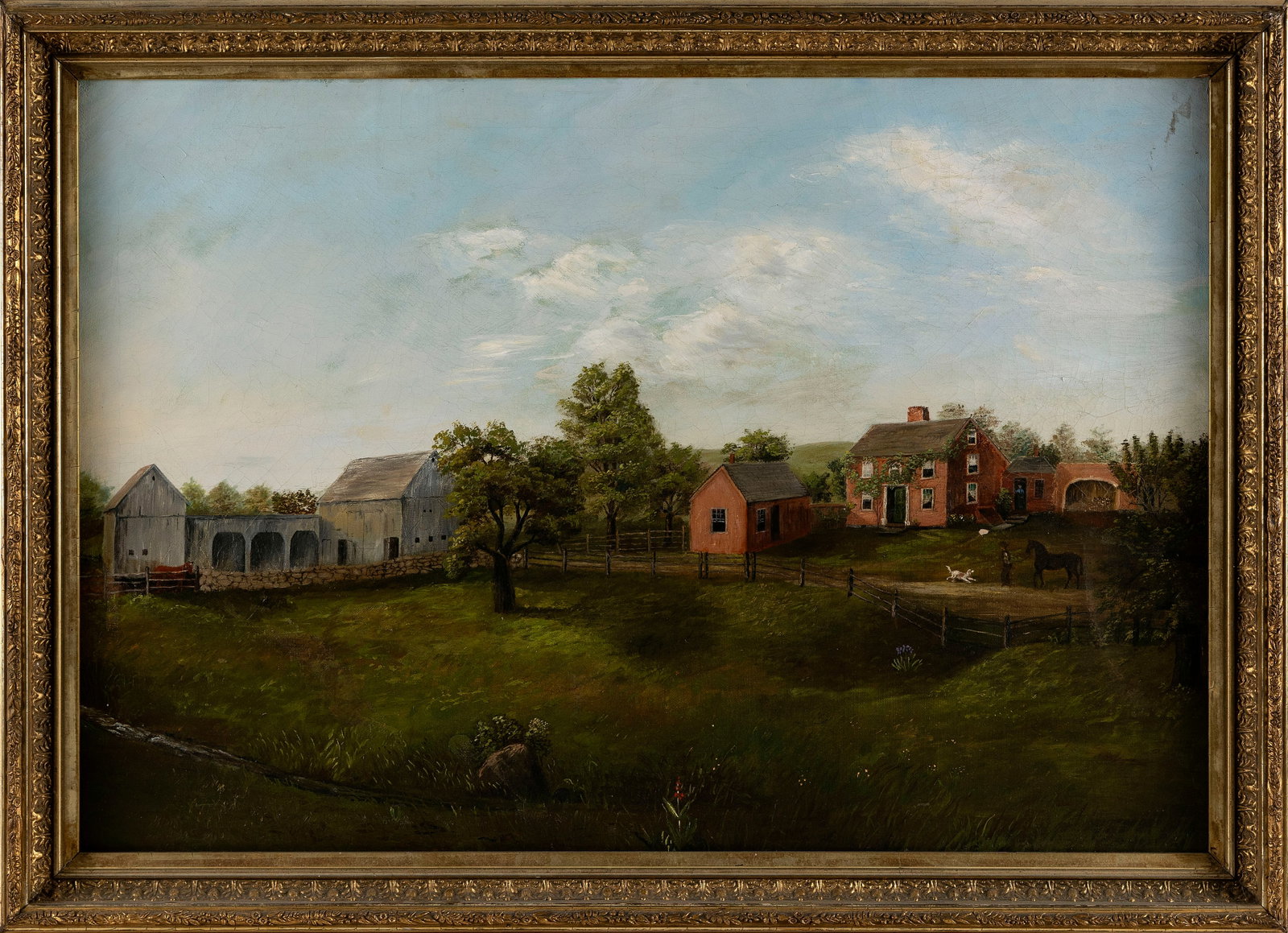 AMERICAN SCHOOL (19th Century,), A man, a horse and a white dog in the driveway of a country: AMERICAN SCHOOL 19th Century A man, a horse and a white dog in the driveway of a country estate. Oil on canvas, 19" x 28". Framed 22.75" x 31.75".